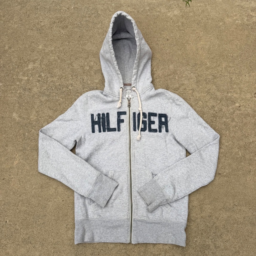 Y2K Hilfiger Denim Womens Gray Full Zip Hoodie Distressed Logo Sweatshirt Small